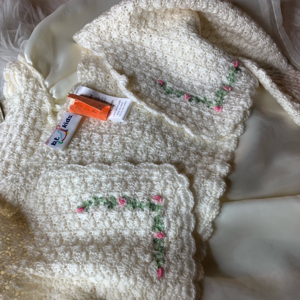 Satin like and crochet white Christening set